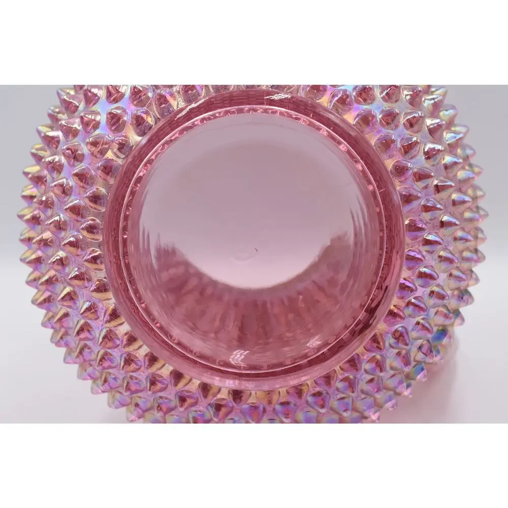Vintage Fenton Hobnail Pink Opalescent Carnival Glass Art Crimped Top Pitcher